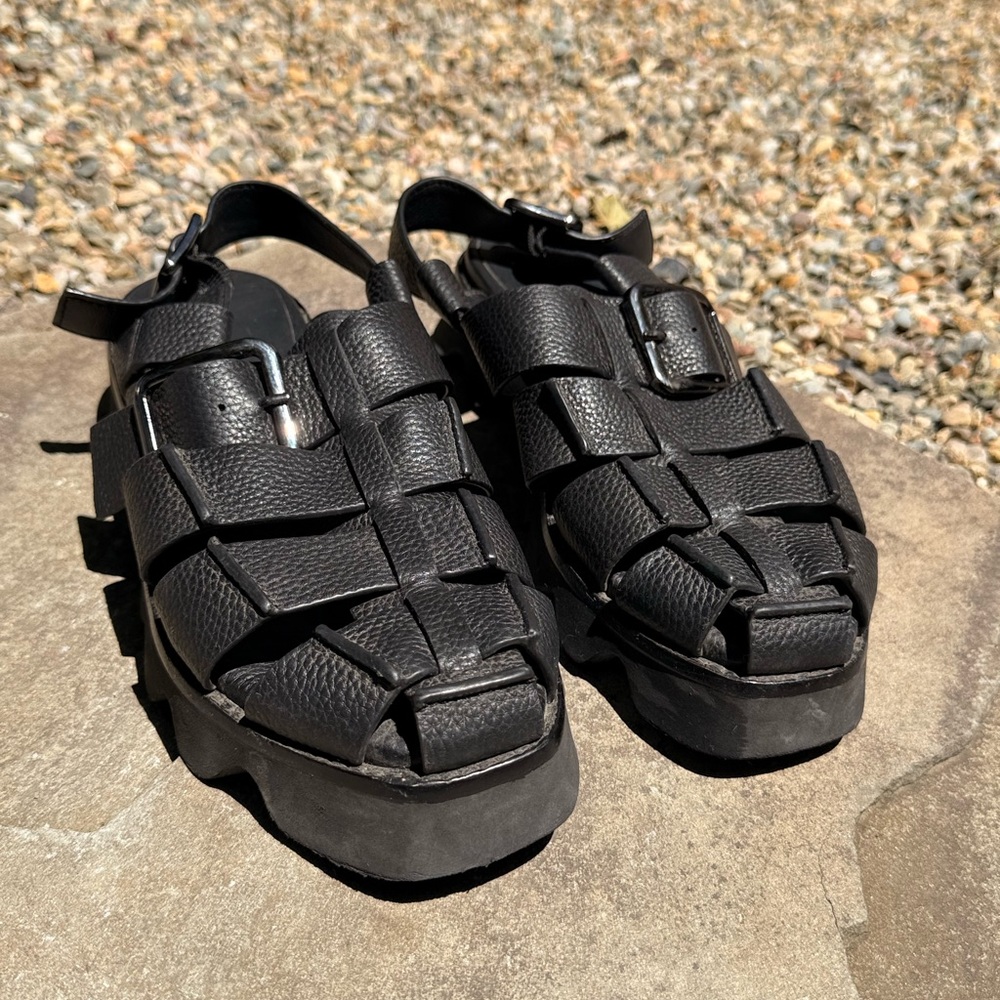Yuko Imanishi Black Woven Leather Platform Fisherman Sandal